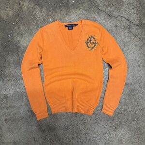 orange y2k polo ralph lauren sport sweater with large polo emblem